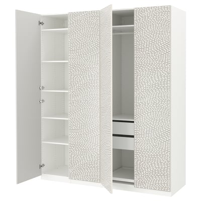 A white PAX wardrobe with a wavy-patterned door panels, featuring multiple shelves and compartments.