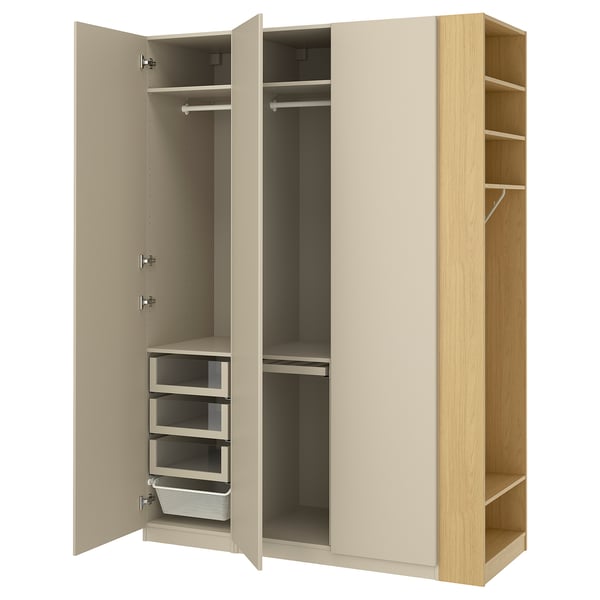 PAX / REINSVOLL Wardrobe combination, grey-beige grey-beige/oak effect, 170x60x236 cm