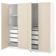 This image shows an open beige PAX wardrobe with multiple shelves, drawers, and compartments for storage.