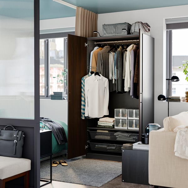 PAX / STORKLINTA Wardrobe combination, dark grey/dark brown stained oak effect, 100x60x201 cm