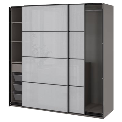 Modern gray kids wardrobe with sliding doors, mesh drawers, and adjustable shelves.