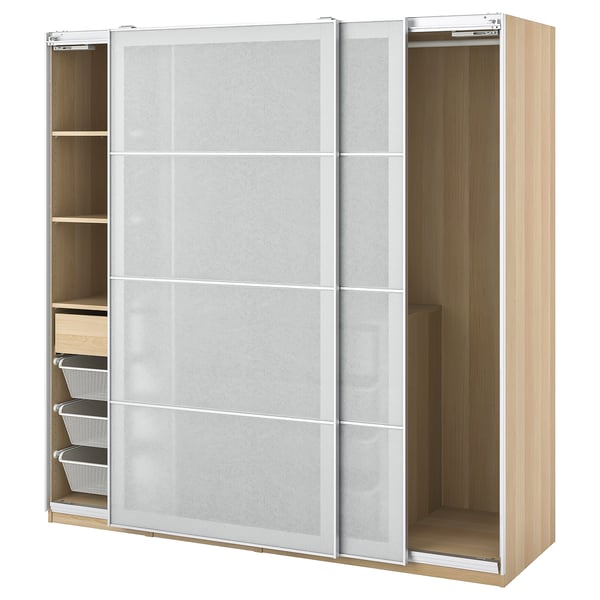 Modern light wooden wardrobe with frosted glass doors, open on one side, displaying shelves and storage baskets inside.