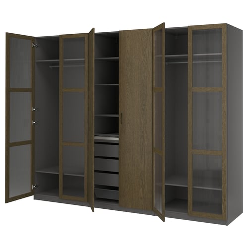 PAX wardrobe, gray-brown, oak, rectangular, open doors revealing shelves and drawers.
