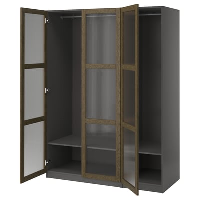 Gray PAX wardrobe, open doors, wooden frame, glass panels, stylish design.