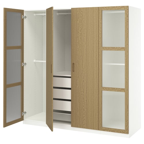 Open wooden wardrobe with glass doors revealing shelves and drawers.