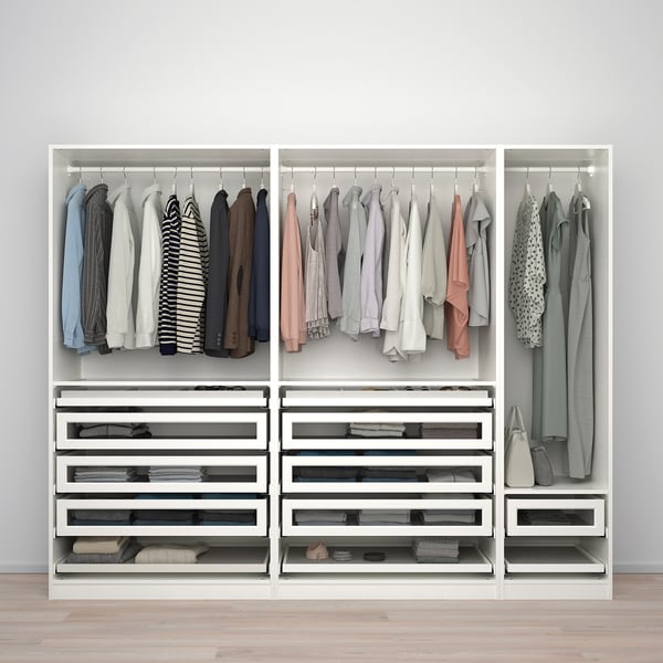 Closet with 3 sections, glass-front drawers, silent door closure.