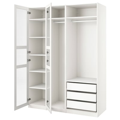 White PAX wardrobe, open doors revealing multiple shelves and a drawer section, clean and modern design.