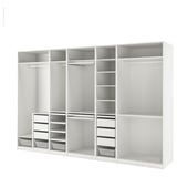 White PAX closet, enduring, sleek, organizes efficiently, adjustable, includes shelves, drawers, and hanging space.