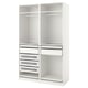 Depicts an ikea PAX closet in white, featuring a combination of shelves and drawers with glass fronts.