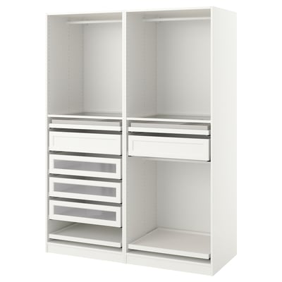 A white ikea PAX wardrobe with multiple shelves and drawers, designed for shared use.