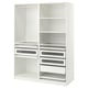 A white ikea PAX wardrobe with glass drawers and shelves for storage.