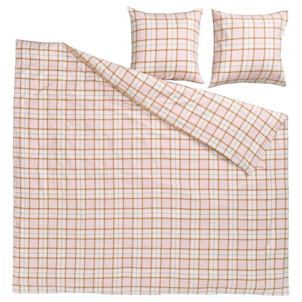 Perovkia pink plaid bedding set, recycled cotton, chequered pattern.