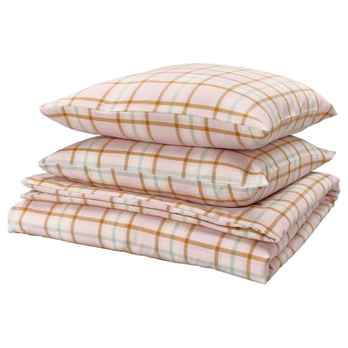 PEROVSKIA bed sheets, pink plaid, soft cotton, folded, rectangle.