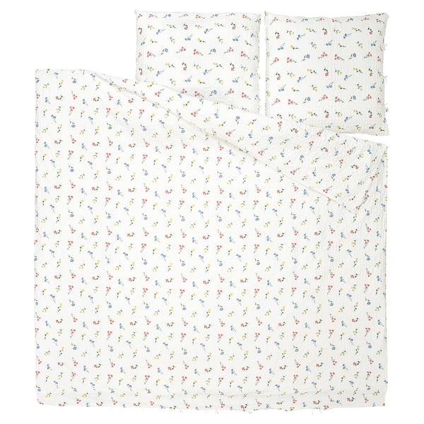 Elegant PILDVÄRGMAL white floral bedding set with seersucker texture, featuring small colorful blooms, soft cotton-viscose blend.