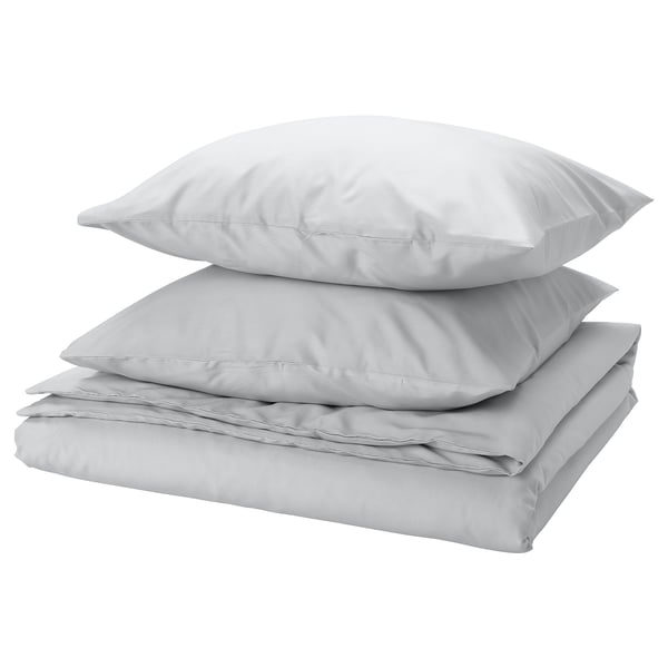 PILTANDVINGE grey bedding set: duvet & 2 pillowcases, smooth polyester-viscose blend, modern style.