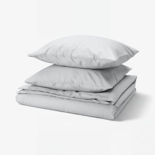 PILTANDVINGE grey bedding set, smooth fabric, includes duvet and pillowcases, minimalist design.