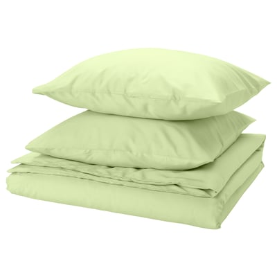 Light green PILTANDVINGE bedsheets. Set includes flat and two pillows. Smooth polyester-viscose blend.