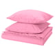 Bright pink duvet set including cover and pillows, smooth fabric, envelope closure.