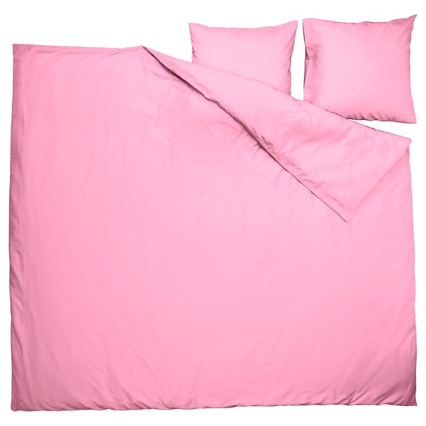 Bright pink bedding set displayed neatly, including duvet cover and pillowcases.