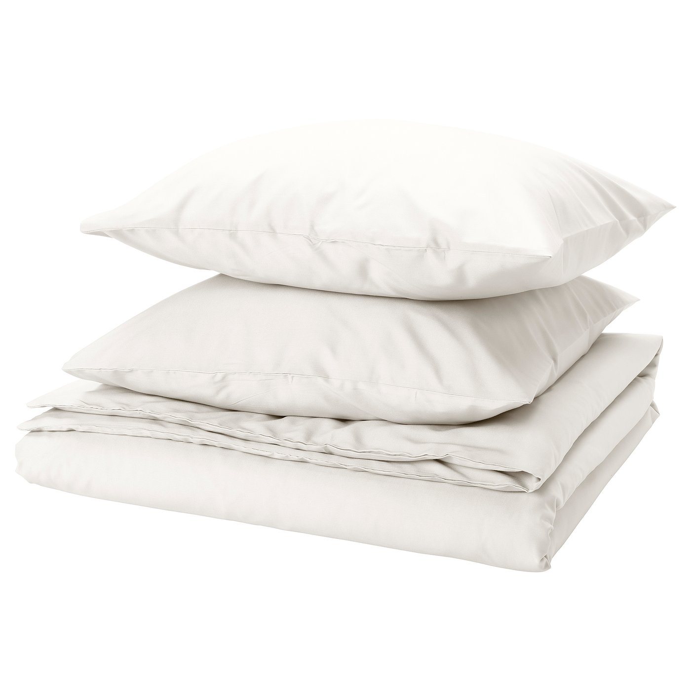 White PILTANDVINGE duvet cover & pillowcases set. Crisp, smooth fabric; envelope closures. Eco-friendly, 100% recycled polyester.
