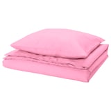 Bright pink sheet set: 1 flat & 2 pillowcases. Soft, recycled poly-viscose blend. Plain, modern design.