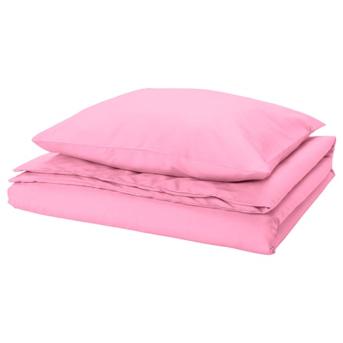 Bright pink bedding set, featuring smooth, wrinkle-free fabric with visible button closure, including duvet cover and pillowcases.