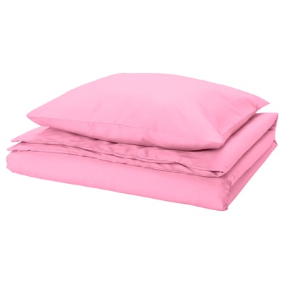 Bright pink bedding set, featuring smooth, wrinkle-free fabric with visible button closure, including duvet cover and pillowcases.
