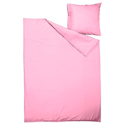 Bright pink bedding set, including duvet and pillowcase, smooth fabric, simple design.