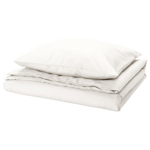 A folded white bed linen set, featuring duvet cover and pillowcases, made from polyester and viscose blend, with a simple, clean design.