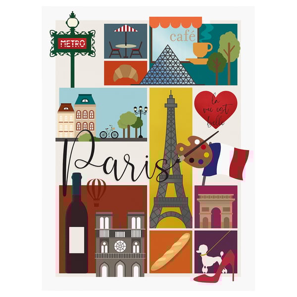 Paris-themed poster with eiffel tower, cafes, and croissants.