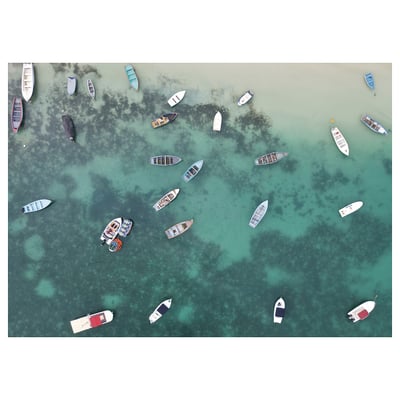 PJÄTTERYD: aerial boats scene. Beautiful turquoise water with boats. Personalize poster, polyester.