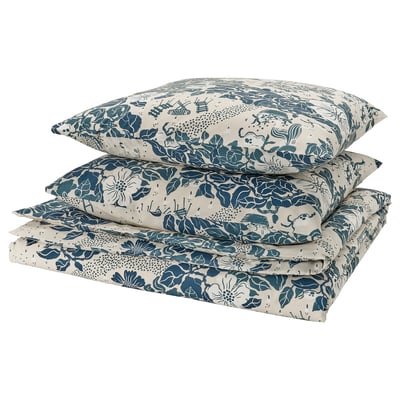 Image shows a stack of blue floral-patterned bedding items.