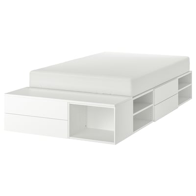 White PLATSA bed with built-in storage and drawers.