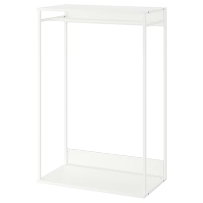 White PLATSA wardrobe with metal mesh shelves, no doors or drawers.