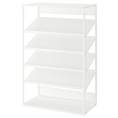 White metal shelving unit, open design, four shelves, modern and minimalist.