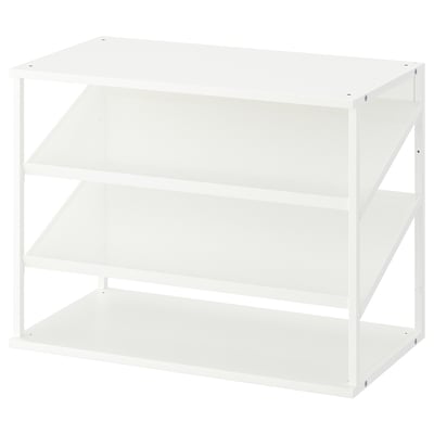 White PLATSA shoe storage unit, open, 3-tier, metal frame and shelves.