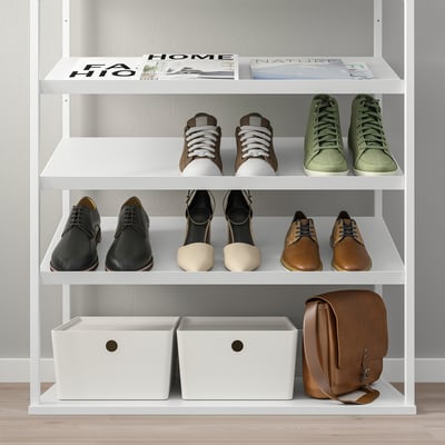 PLATSA shoe rack with 4 shelves, 2 bins, and a bag.