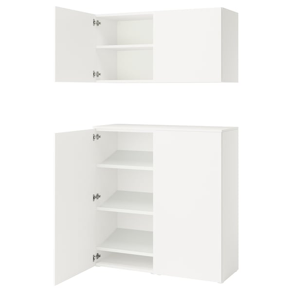 White PLATSA wall cabinet set, modern minimalist design, adjustable shelves, sleek finish.