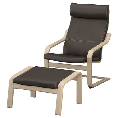 Modern recliner chair with matching footstool, both in brown leather, light wood frame, high back, and padded cushions.