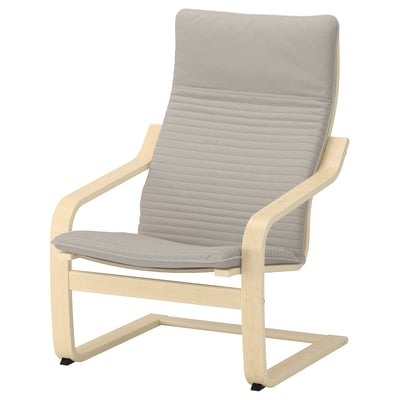 An ikea POÄNG armchair, light wood, grey cushion, sleek design.