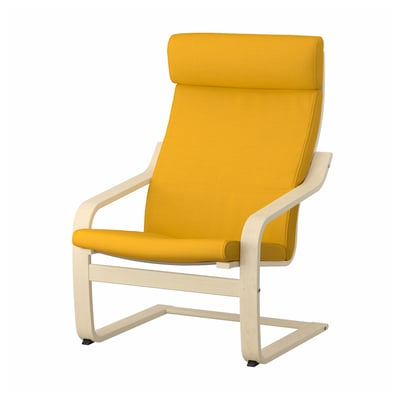 Bright yellow POÄNG armchair, modern design with curved wood frame, comfortable cushions.