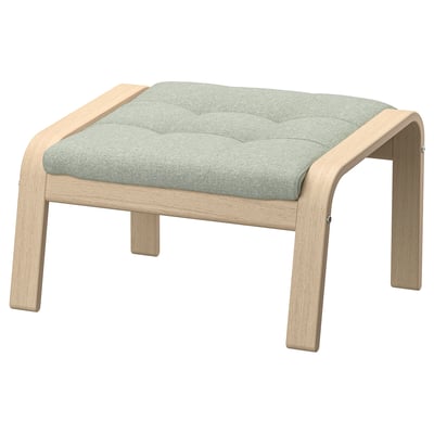 Ikea POÄNG footstool: light oak frame, light green cushion, padded, curved design.