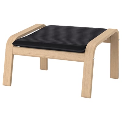 Modern light oak footstool with black cushioned seat, sleek & curved design.
