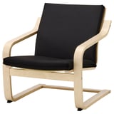POÄNG chair, light wood, black cushion, modern design, curved seat, back, armrests.