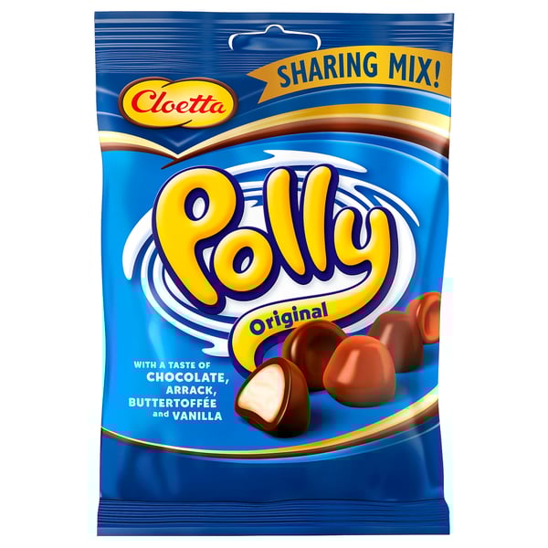 POLLY candies sharing mix bag by cloetta, featuring chocolate, toffee, and vanilla flavors.