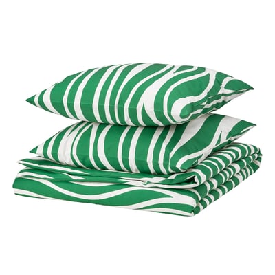 PORTLAKMÅLLA set, green-white striped, zebra-like pattern, cotton-blend, duvet & pillows.