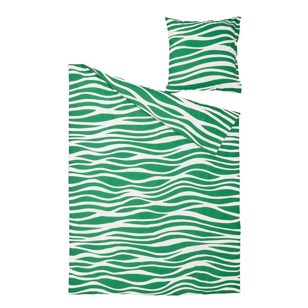 Green wavy striped bedding set with duvet cover and pillowcases, made of blend fabric.