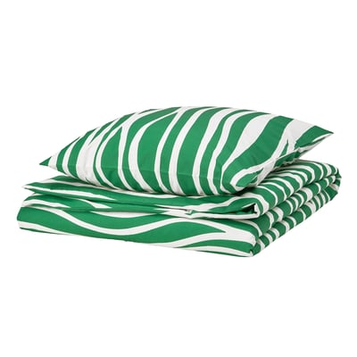 PORTLAKMÅLLA green zebra-striped bedding set with duvet cover and pillowcases, in soft cotton-viscose blend.
