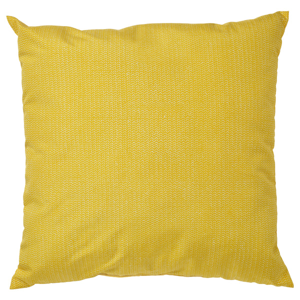 Yellow square throw pillow with textured pattern, made from recycled polyester.