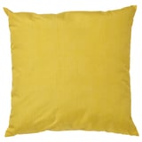 Yellow square throw pillow with textured pattern, made from recycled polyester.